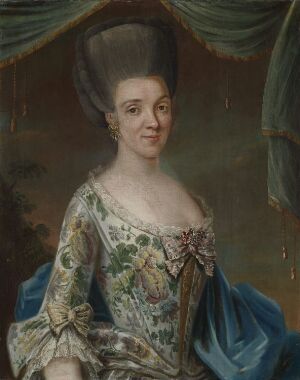  "Portrait of Elisabeth Geelmuyden Gyldenkrantz" by Mathias Blumenthal, a fine art oil painting on canvas, depicting a woman in an elaborate floral dress with a blue shawl, set against a muted green drapery background. She has an elegant hairstyle indicative of high social standing in the era.