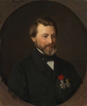  "Portrait of Emil Tidemand, the Artist's Brother" by Adolph Tidemand depicts a man with a light brown beard and hair, shown from the waist up within a circular frame. He wears a dark coat with a red and white order on his left chest, over a white shirt and black tie, set against a subdued brown background.