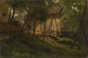  "German Farm," an oil on canvas painting by Hans Gude, featuring a tranquil rural scene with a traditional farmhouse partly obscured by leafy trees, under a soft light filtering through the foliage, and figures engaging in daily farm activities. The artwork uses a palette of earthy tones with rich browns, deep greens, and subtle yellows.