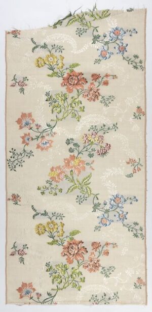  A vertical, detailed image of a fine textile or paper with a light, creamy background adorned with an intricate, non-repetitive floral pattern in shades of pink, red, peach, lavender, yellow, and various greens.