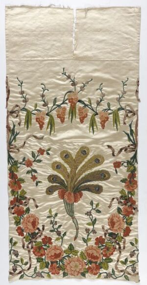  A tall, narrow fabric piece with an intricate floral pattern in olive green, dark green, rosy pink, coral, and soft orange on a creamy white background, featuring a central botanical motif with feathery leaves and symmetrically arranged flowers.