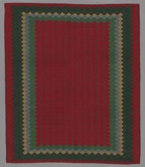  An elegant textile featuring a deep red center with concentric zigzag borders in dark green, gold, and a darker green, all encased within a narrow black frame.