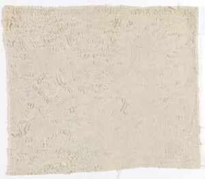  An abstract, textured artwork in shades of off-white and cream, with a highly tactile surface and rough, jagged edges. The piece is monochromatic and lacks any discernible figures or symbols. The title and artist are unknown.