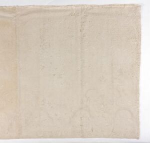  An off-white, textured canvas with a vertical seam down the center and two faint, symmetrical circular indentations on the lower half, creating a simple and possibly aged minimalist artwork.