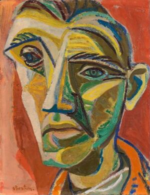  "Head of Man," an oil painting on wood fiber panel by Aage Storstein, depicting an abstract and colorful representation of a male face with asymmetric eyes and a patchwork of greens, blues, and oranges against a reddish-brown background.