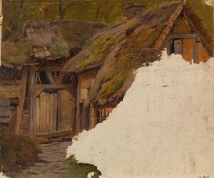  "Study of an Old Farm" by Adolph Tidemand, an oil painting on canvas mounted on wood fiber board, showcasing a rustic farm building with a thatched roof and a large wooden door, set against a natural background with subtle earthy tones.