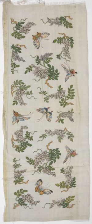  A long, narrow embroidered textile featuring various species of birds and plants in earthy tones on an off-white background, with intricate details in greens, browns, reds, blues, and yellows, suggesting a diverse natural ecosystem.