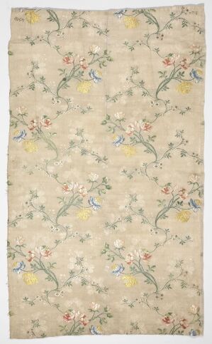  A vintage textile fabric with a floral pattern featuring small pastel flowers in shades of pink, yellow, and blue, with olive green and teal leaves, all set against a creamy beige background.