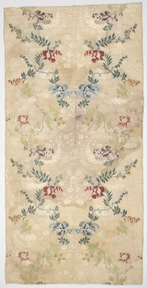  A vertical image of a textile or tapestry featuring symmetrical patterns of flowers and leaves in soft greens, blues, pinks, and reds on a muted beige background. The intricate design suggests a traditional craftsmanship.