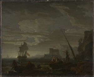  "En havn, kopi etter C.J. Vernet" by an unknown artist, depicts an atmospheric coastal harbor scene with dark, stormy clouds overhead. A silhouetted sailing ship is anchored in the center, and shadowy figures work on the right by the shore near a fortified structure. The entire scene is rendered in a muted color palette of grays, browns, and dark greens.