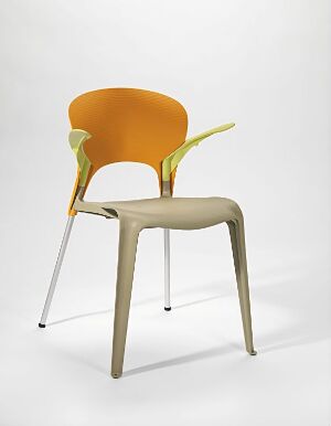  A modern chair by artist Erik Magnussen, featuring a mustard yellow backrest with integrated armrests and a gray-taupe seat of glass-reinforced nylon, set upon four silver aluminum legs against a neutral background.