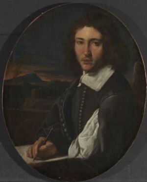  Oil painting on canvas by Valentin de Boulogne, featuring a portrait of a man from the chest up with dark brown hair, set against a dark background with a subtle landscape. The man is wearing a dark doublet with decorative buttons and a crisp white collar, and his expression is contemplative.