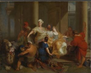  "Achilles among the Daughters of Lycomedes" by Sébastien Leclerc (II) is an oil on canvas painting depicting a classical scene with Achilles standing amid several women in a columned hall, bathed in warm earth tones, rich golds, and subtle blues, conveying a narrative from ancient mythology.