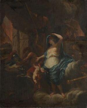  "Venus demands a weapon of Vulcan" - an unidentified French artist's painting on canvas, capturing Venus in a flowing blue and white robe, pleading in a dimly lit forge, with warm earth tones in the background suggesting the presence of fire.