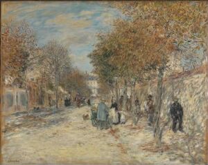  Impressionist oil painting on canvas by Jean-François Raffaëlli depicting a bustling street scene with figures in period clothing, a gentle blue sky, and autumnal tones throughout the landscape.