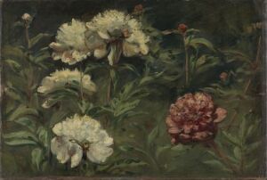  "White and Red Peonies" by Eugène Delacroix, a painting featuring a lush scene of dark green peony leaves with a cluster of creamy white peonies on the left and a striking deep red peony on the right, against a dark background.