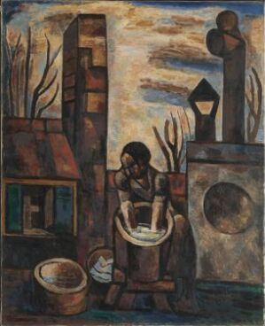 
 "The Washerwoman", an oil painting on canvas by Marcel Gromaire, showing a stylized female figure engaged in manual labor with a backdrop of industrial shapes and a muted earthy color palette.