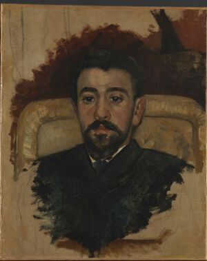  "Portrett av maleren Giuseppe de Nittis" by Édouard Manet, an oil on canvas painting portraying the painter Giuseppe de Nittis in formal attire with a focused gaze