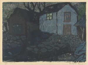  "Sea Houses in Hardanger" by Thorbjørn Egner, a color woodcut on paper depicting two traditional Norwegian wooden houses at dusk, with one emitting a soft light from its windows, set against a backdrop of cool blue and gray tones conveying a serene evening atmosphere.