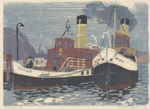  "Fjordbåter," a colored woodcut print on paper by Thorbjørn Egner, depicting two boats named OSCAR and another partially seen, using a color palette of dark blue, warm red, grey, white, and mustard yellow, set against a backdrop of grey-blue sky and dark mountain silhouettes.