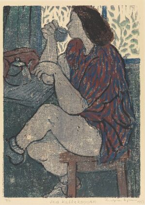  "By the Coffee Cup" - A color woodcut on paper by Thorbjørn Egner depicting a reflective moment of a person sitting on a stool by a window, holding a coffee cup, with a patterned curtain partially visible in a tranquil, blue-toned setting.