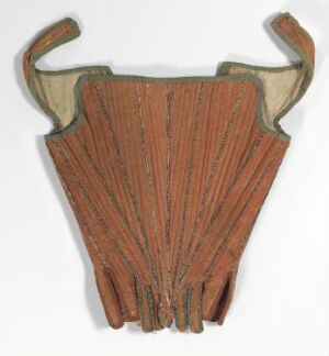  An antique rust-colored corset or bodice piece with vertical boning channels, cream-colored stitching, and curving upper edges on a neutral background. Artist name and title unknown.