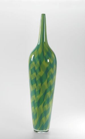  A tall, slender vase with an elongated neck featuring a translucent green color with streaks of darker greens and blue-green patterns against a light gray background.