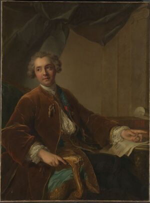  Portrait by Louis Tocqué titled "Louis-Antoine Crozat, baron de Thiers," depicting a seated gentleman in a brown velvet robe and a golden-yellow waistcoat, holding a paper, against a neutral interior background with a dark greenish-brown drapery.