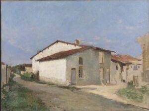  "Oil on canvas painting by Jules Bastien-Lepage depicting a white stucco house with terracotta tiles and light blue-gray shutters, set along a dirt road in a tranquil rural village under a softly hued blue sky."