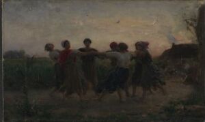  "Midsummer Night Dance in Courrières" - an oil on canvas painting by Jules Breton, depicting a group of peasants in traditional attire, holding hands and dancing in a chain against a dimming sky, symbolizing a quiet celebration of midsummer night with muted colors and a serene rural setting.