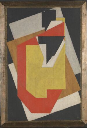  "Nobility" by Jacques Villon is an abstract painting on canvas, featuring a collage of interlocked geometric shapes in shades of grey, beige, mustard yellow, rusty red, and off-white against a deep black background. The shapes create a sense of layered depth on the textured surface.