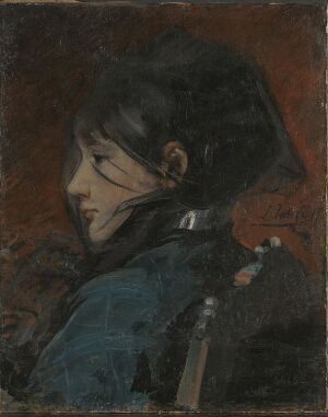  "Portrait of a Young Woman" by Léon Tanzi, an oil on canvas painting depicting a thoughtful young woman looking to her right with a dark brownish-red background, her black hair tied back, wearing a dark blue garment with a light blue scarf.