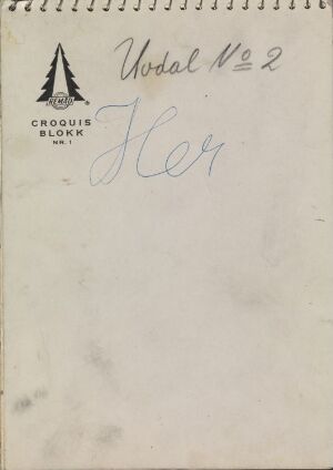  An aged sketchbook cover in light beige with a symbol resembling a simple black tree at the top, titled "Skissebok Nr 2" in bold text, and personalized with the cursive inscription "Jeg" in dark gray, showing signs of use and a spiral metal binding at the top left.