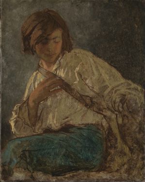  "Oil painting on canvas by Thomas Couture depicting a young person in a creamy-white shirt and teal garment, concentrating on a task, with a brown head wrap, set against a dark, indistinct background."