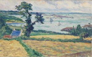  "Impressionistic oil painting on paper by Maximilien Luce portraying a coastal landscape with a golden field, a prominent green tree, a small blue structure, and several boats with white sails on the sea, evoking a sense of serene maritime life under a sunny sky."