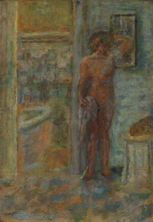  "Akt i interiør," an impressionistic painting by Pierre Bonnard, featuring a nude figure in warm tones standing in a room painted with muted blues and greens, evoking a soft and intimate atmosphere.