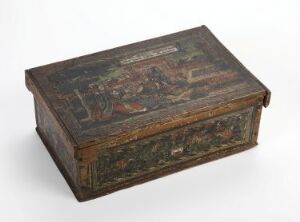  An antique wooden chest with a faded, decorative painted scene on the surface. The chest is dark brown with worn green, burgundy, and black colors making up the intricate but aged designs, set against a white background.