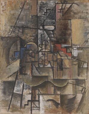  "Guitar and Glass" by Pablo Picasso is a Cubist oil painting on canvas, featuring a subtle, earth-toned color palette with hints of blue, red, and white. The composition is a complex arrangement of geometric shapes suggesting the fragmented forms of a guitar and a glass, typical of Picasso's abstract and multi-perspective style in visual art.