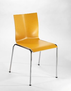  Modern glossy yellow chair designed by Erik Magnussen with a seat and back made of laminated, form-bent plywood, featuring polished steel legs, set against a light gray gradient background.