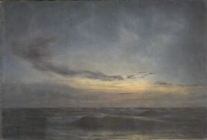  "Late Summer Night" by Julius Paulsen - An oil painting on canvas displaying a subdued seascape with a cloudy sky ranging from grays to dark blues and a sea in matching tones, reflecting the last golden light of a sunset across the horizon.