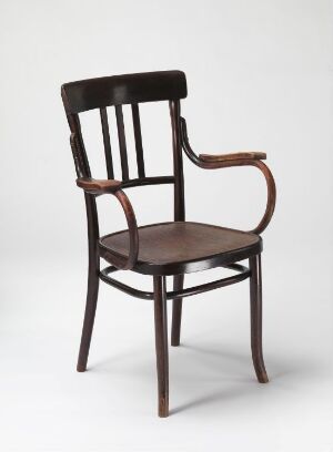  A traditional wooden chair with a curved top rail, three vertical slats on the backrest, gently curving armrests, and slightly tapered legs, all finished in a warm dark brown stain against a neutral background.