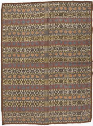  A vertically oriented textile piece with horizontal bands of intricate patterns in earthy tones of brown, beige, rust, and olive green, accented with bright blue and red details. The design is rhythmic and traditionally influenced, suggesting a vintage or cultural origin.