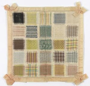  A square patchwork sampler with a variety of fabric swatches in muted earth tones, including beige, greens, yellows, browns, and grays, with patterns such as solids, stripes, checks, and plaids. Each corner of the sampler is tied with a fabric bow, and the background is white.