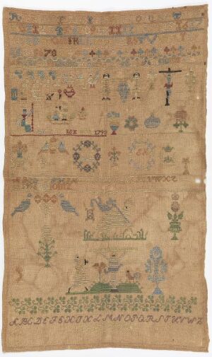  An aged, vertically oriented rectangular textile featuring an array of hieroglyphic symbols, animal, and human illustrations in a structured grid layout, with a color palette of muted blues, reds, greens, and earthy tones on a weathered beige background. Artist and title are unknown.