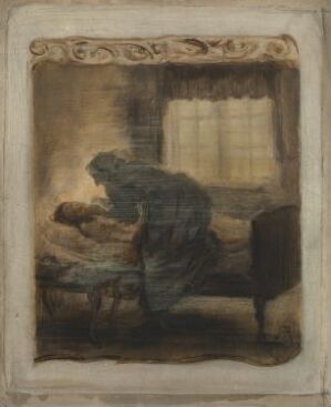  An oil on plate painting titled "Og dybere bøjede Heksen sig ned over den hvide hals..." by August Jerndorff, depicting a witch bending over a victim in a dim, sepia-toned interior with a heavy atmosphere, enclosed in a decorative border suggestive of an ornate frame.