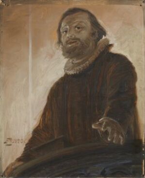  Oil painting on plate by August Jerndorff titled "da saa' jeg op paa ham, han ned paa mig...", depicting a historical figure in a dark brown garment with a ruffled collar, extending his right hand and gazing directly at the viewer against a warm brown background.