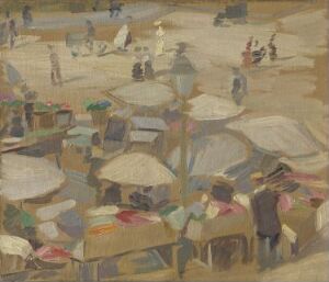  Impressionistic painting by Edvard Weie showcasing a busy outdoor scene on a canvas with numerous market umbrellas in beige tones and figures depicted in muted, pastel colors suggesting a bustling market or public gathering place.