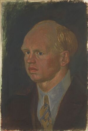  Portrait painting by Georg Jacobsen titled "The Artist Jean Heiberg" in tempera on wood fiber plate, depicting a man with light brown hair, fair skin, and a contemplative gaze, dressed in a dark suit with a light-patterned tie against a dark greenish-black background.