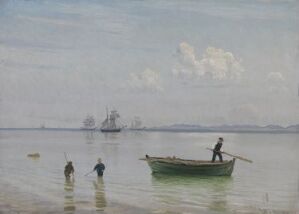  "Ved Hellebæk strand" by Vilhelm Kyhn, a painting of a peaceful seaside scene with figures wading in water and a person in a small green boat, set against a softly painted sky and distant ships on the horizon.