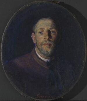  An oil painting on canvas titled "Selvportrett" by Fritz Syberg, featuring the artist's self-portrait in muted colors. The work is in a circular format with a dark background, showcasing the man's contemplative gaze, his face illuminated with soft light that highlights his features against the subdued tones of his attire.